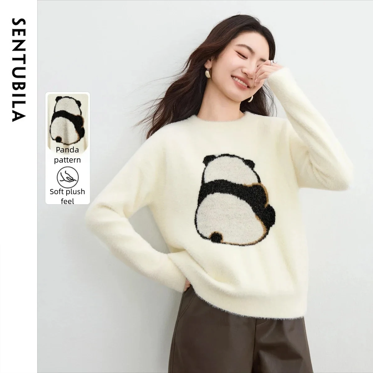 

SENTUBILA Women's Sweater 2025 Autumn Winter O-neck Long Sleeve Pullover Casual Loose Fit Soft Knitwear Woman Clothing W54EE3511