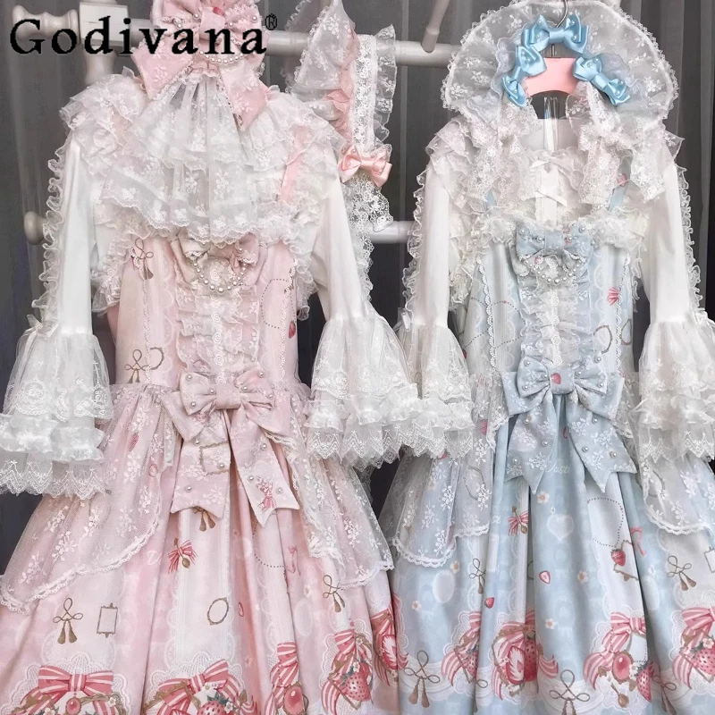 

Christmas Lolita Princess Dress JSK Girls Women Sweet Cute Bow Lace Strawberry Print Sleeveless Dress Princess Tea Party Dress
