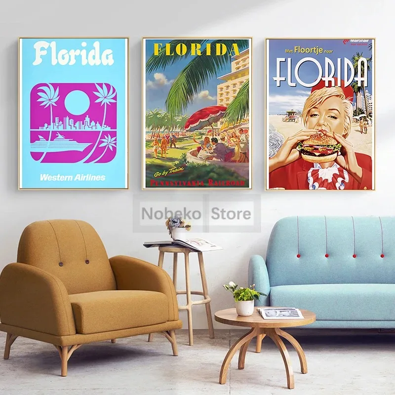 Florida Vintage Travel Posters Miami Orlando Tampa Westcoast Poster and Prints Canvas Painting Wall Art Pictures Home Room Decor