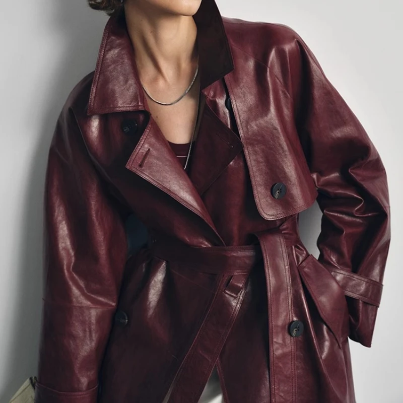 معطف خندق نسائي من الجلد الطبيعي للخريف من YOLANFAIRY طراز أحمر أنجورا مصنوع من جلد الضأن الخاص Duбlenка vrouwska 2025