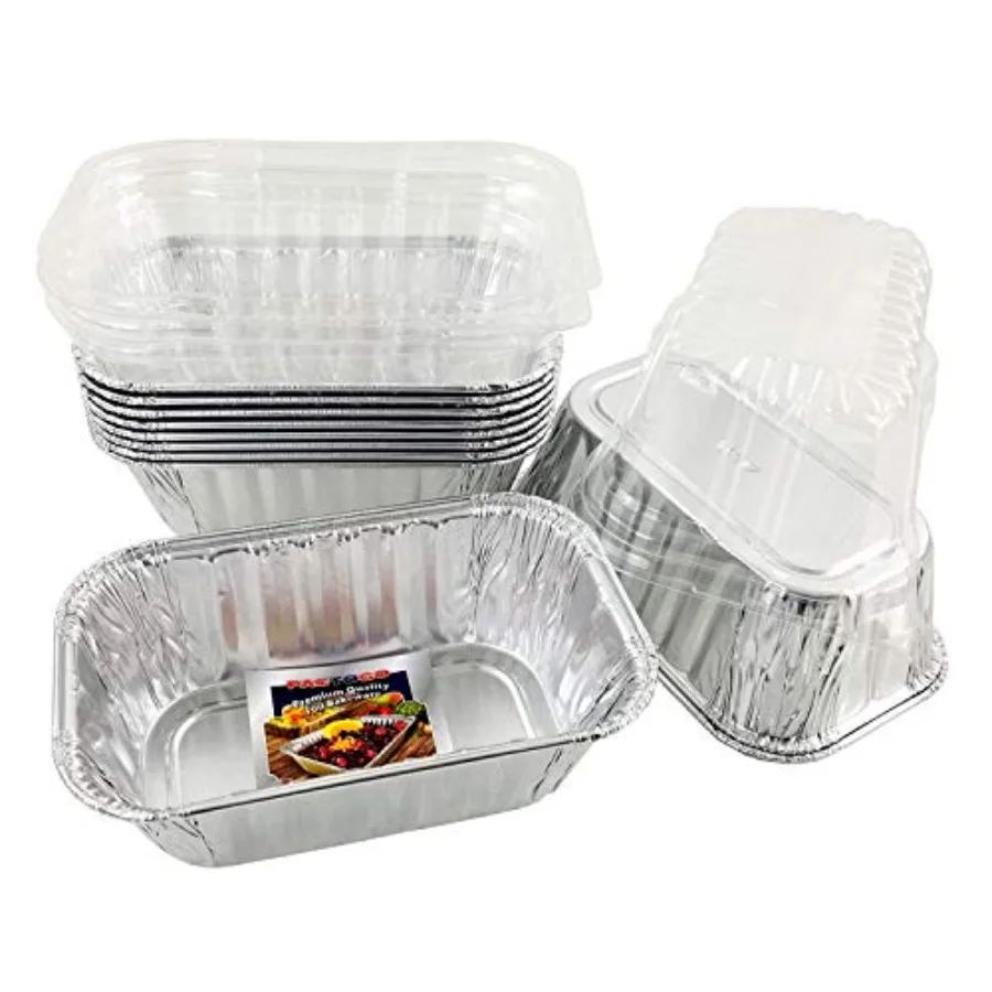 

Disposable 1 lb. Aluminum Foil Mini Loaf Pans with Clear Dome Lids Pack of 10 Sets