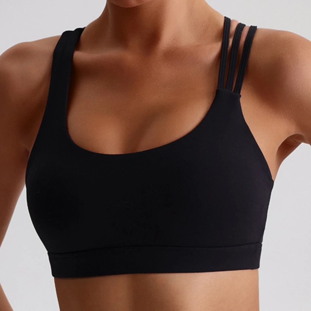 Solid Color Women Fitness Sport Bra Top High Strength Cross Shoulder Strap Gym Underwear Shockproof Tight Workout With Chest Pad