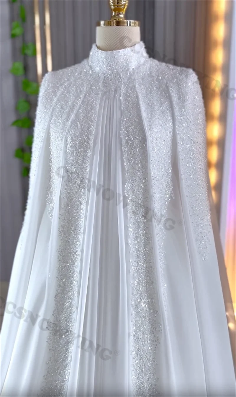 Robe de mariée musulmane en mousseline de soie perlée à paillettes pour la mariée, manches longues islamiques avec cape, patients, quel que soit l'arabe, Dubaï