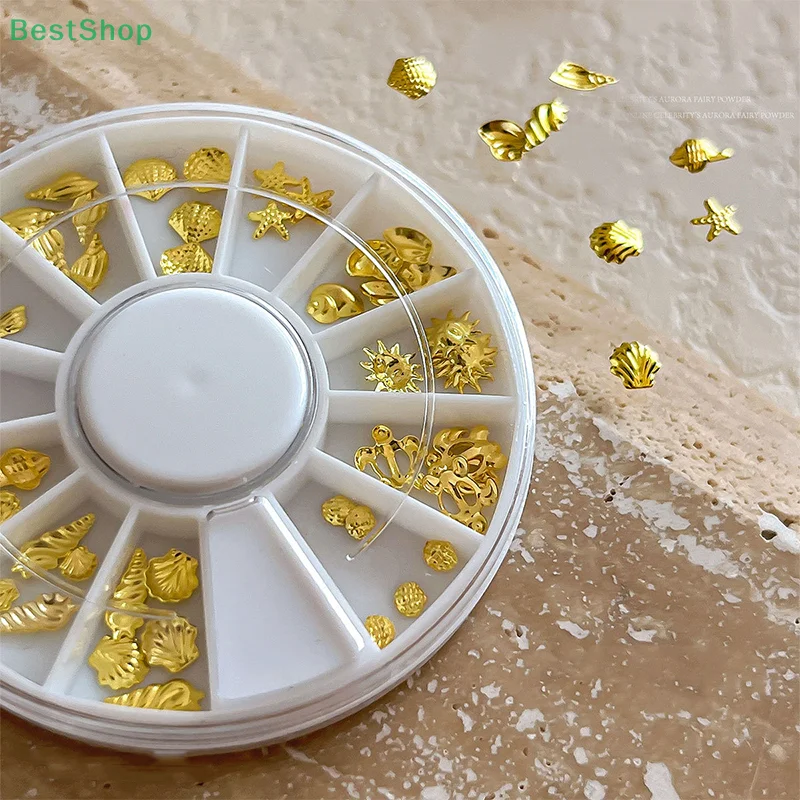 Abalorios para uñas con remaches de océano dorado 3D, 12 rejillas, caballito de mar mezclado/estrella de mar/perlas de concha/Mini cuentas de Caviar/decoración de joyería para uñas con diamantes de imitación