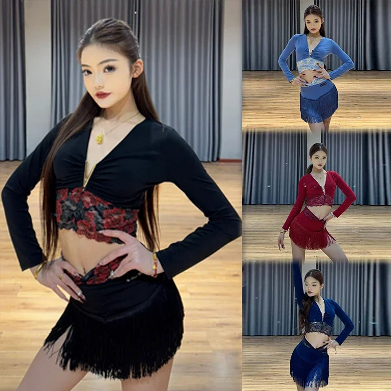 

7 Colors New Latin Dance Costume Adult Long Sleeves V-Neck Tops Tassels Skirt Samba Rumba Practice Clothes For Women
