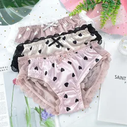 New Women Sexy Lace Transparent Hearts Print Cute Lovely Sweety Underwear Breathable High Stretch Ruffle Bow Panties Breifs