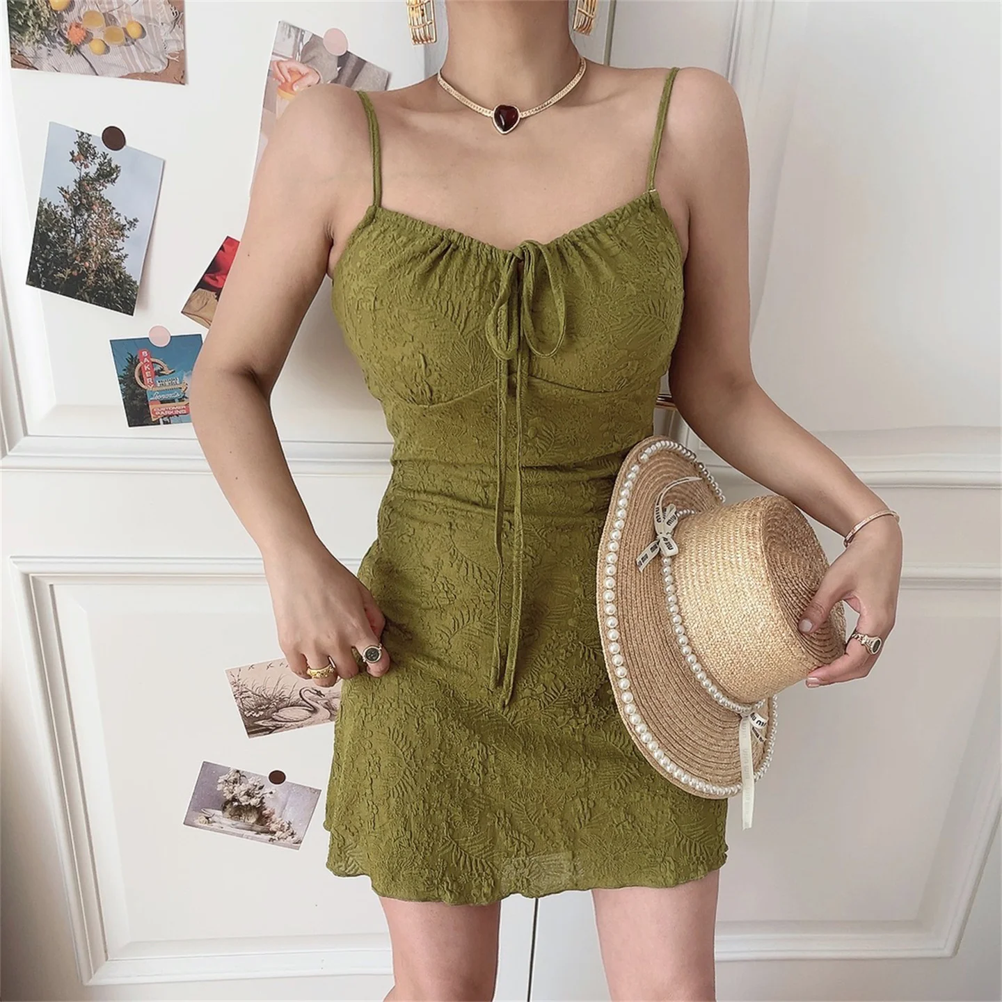 

Сексуальное платье с ретро-текстурой и бретелями, А-силуэт, для отпуска, весна-лето 2026, из полиэфирного волокна