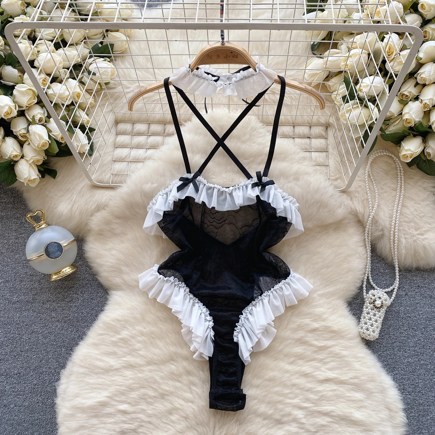 Women Camis Porno Bodysuits Uniform Sheer Sensual Bodycon Playsuits Female Erotic Open crotch Cosplay Sexy Rompers Ruffles Lace