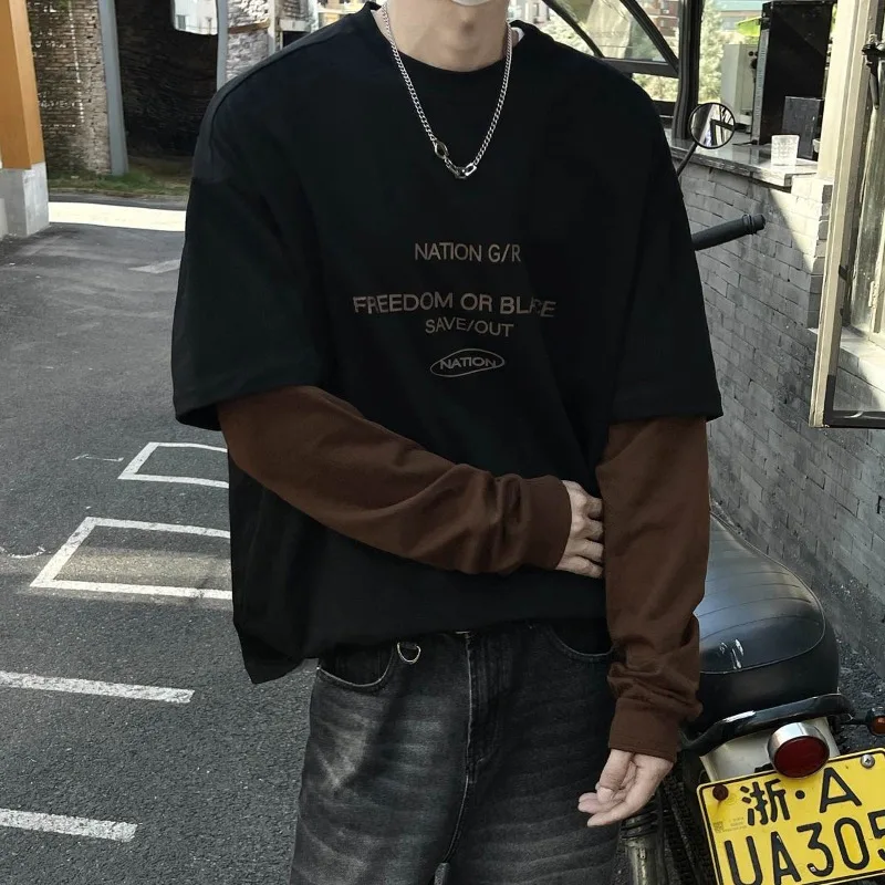 

Foufurieux Autumn 2025 New Heavyweight Fake Two-piece Long Sleeved T-shirt with Men's Patchwork Printed T-shirt Male Clothing