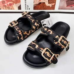 Leopard Print Platform Women's Slippers Outdoor Casual Flat Heel Beach Shoes Chic Metal Buckle Soft Sole Casual Lady Flip Flops