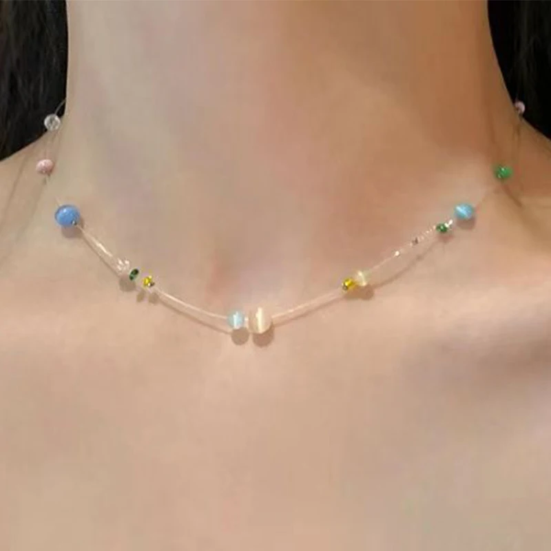 Bohemian Fish Line Beads Choker Candy Color Beach Jewelry Summer Clavicle Necklace For Women Charm Invisible Fishing Line Choker
