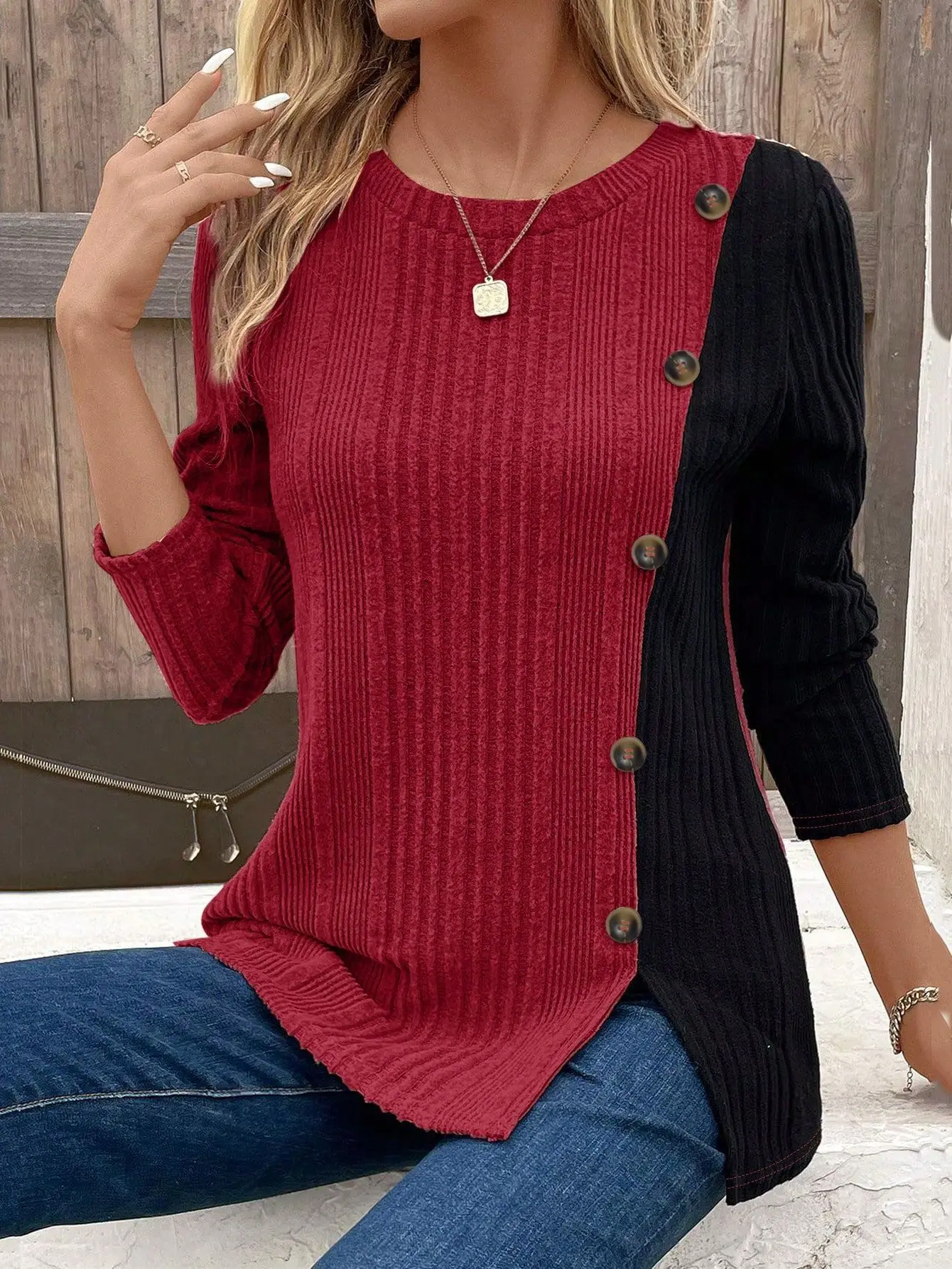 Nowa damska bluzka oversize z rozcięciem, zapinana na guziki, w stylu color-block