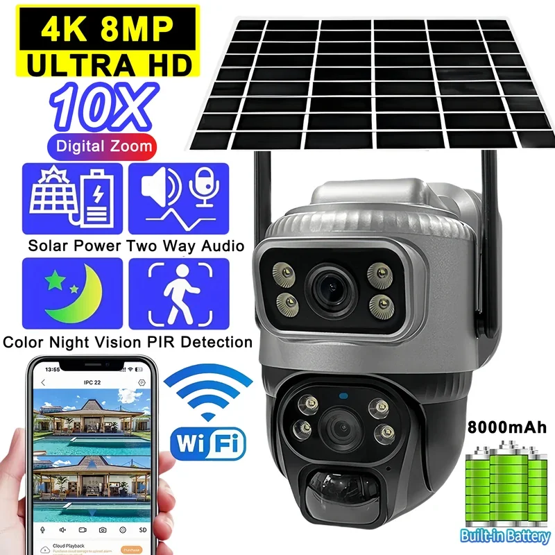 

8MP 4K Solar Camera Wifi Outdoor Dual Lens PIR Human Detection Night Vision Waterproof Security Solar Battery CCTV Monitor V380