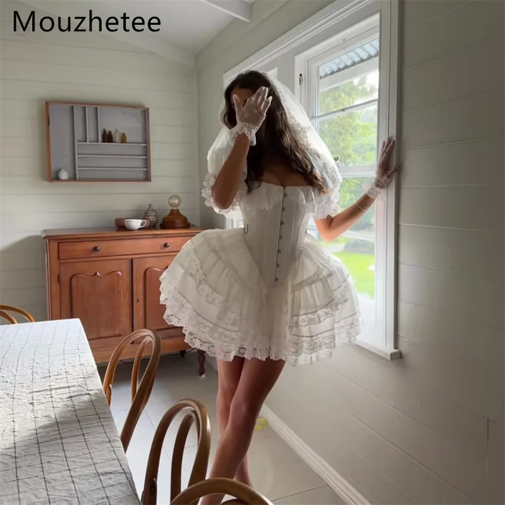 

Mouzhetee A-Line Simple Mini Pleat Lace Wedding Dresses Square Neck Elegant Brides Gown Custom Made 2026