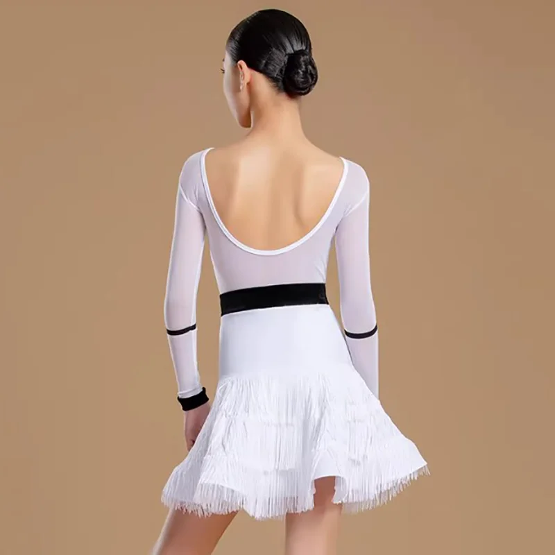 

Professional Latin Dance Practice Skirt Black White Striped Mesh Backless Dancewear Costume Cha Cha Tassel Female Performance