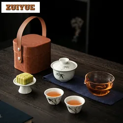 Hand Painted Lotus Glass Travel Tea Set Kit Retro 1 Pot 3 Cups Tea Brewing Travel Tea Set Portable Organizer Supplies Ornaments