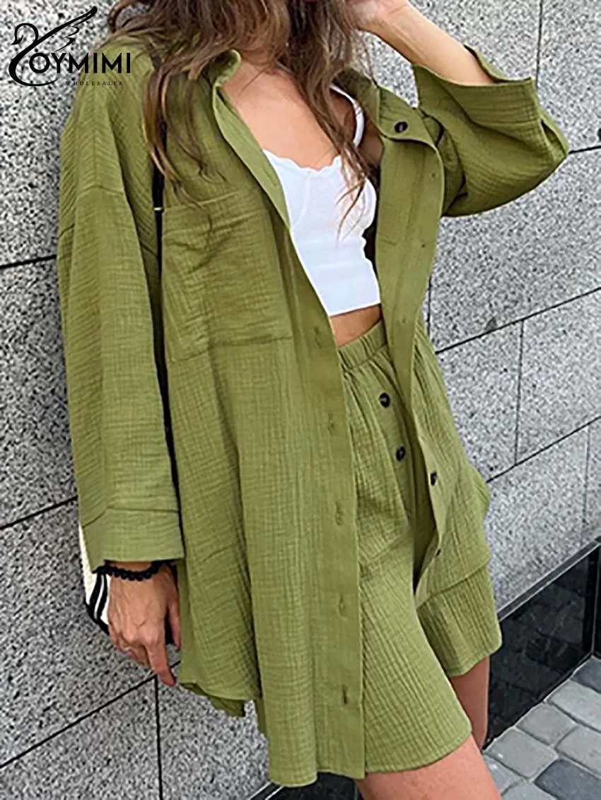 

Oymimi Elegant Green Cotton Two Piece Set For Women Fashion Lapel Long Sleeve Pockets Shirts And High Waisted Button Shorts Sets