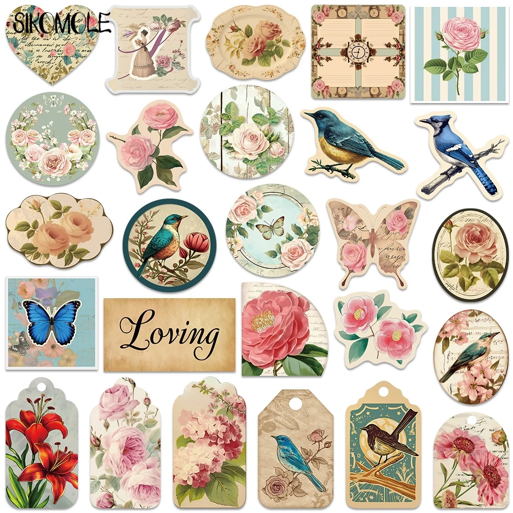 10/30/50 Uds. Pegatinas Vintage de pájaros y flores, calcomanías estéticas DIY para ordenador portátil, guitarra, monopatín, pegatina de Graffiti impermeable para coche, regalo para niños