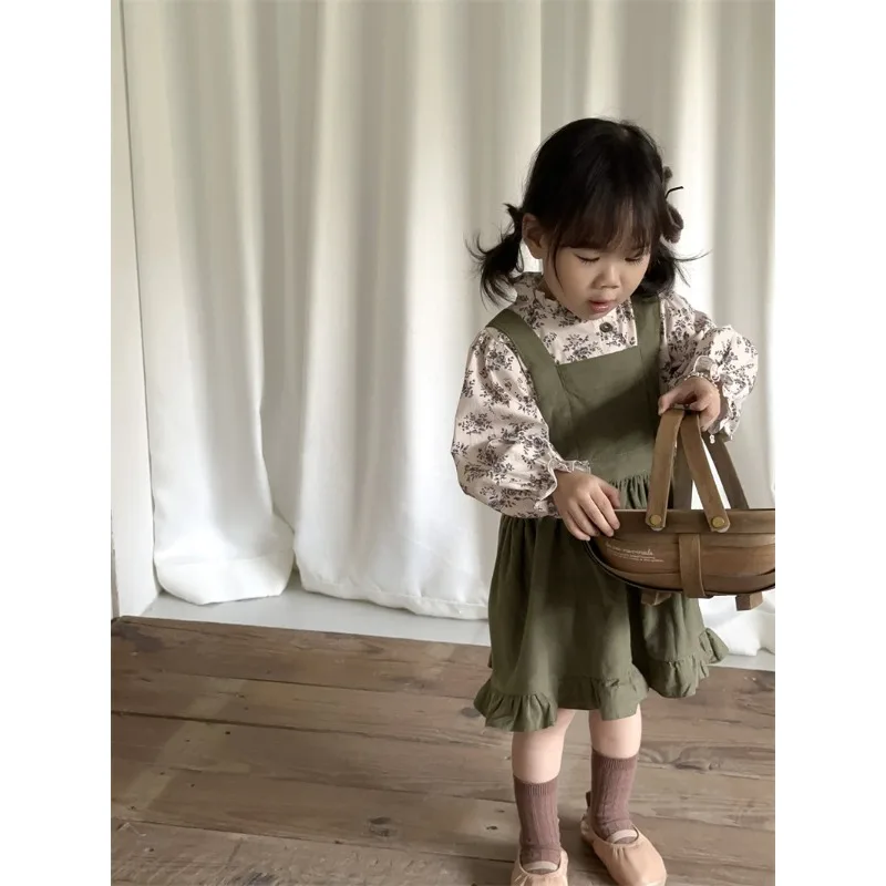 Children Clothing Set 2023 Autumn New Retro Floral Shirt for Girls French Style Cotton Long Sleeve Top Dress Two Piece Set