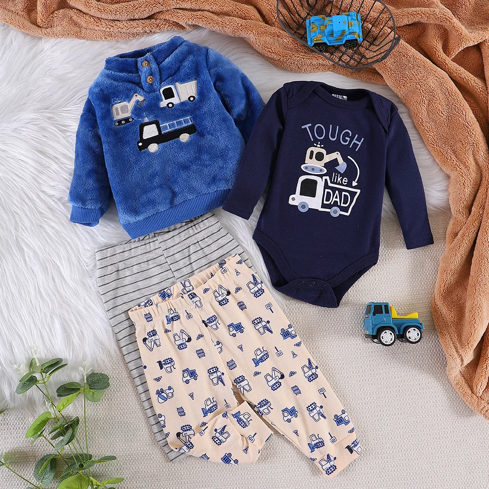 

Одежда для маленьких мальчиков, 4 шт., комбинезон для маленьких мальчиков, осенне-зимний комбинезон с длинными рукавами + топ + 2 штана, подходит для детей 0-12 месяцев