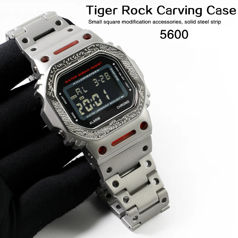 

Комплект для модификации часов DW5600 Tiger Rock Carving: корпус из нержавеющей стали, металлический ремешок, подходит для DW-5600, GW-B5600, GB-5600, запасная часть для часов.