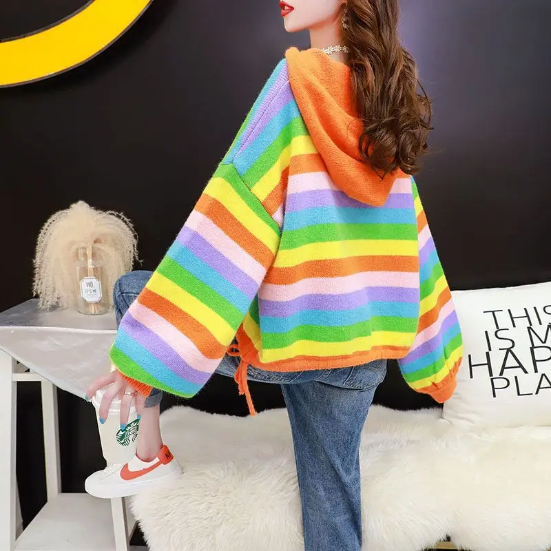 Hooded Pullovers Women Kawaii Rainbow Schoolgirls Fashion Sweaters Baggy Simple Autumn Popular Knitwear Cropped All-match Casual