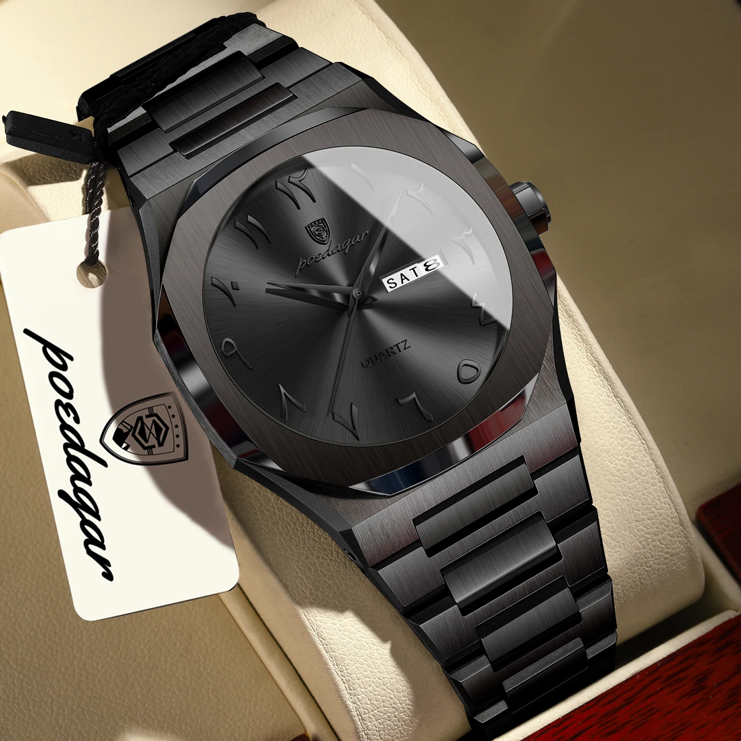 POEDAGAR Original Luxus Herrenuhr Wasserdicht Edelstahl Wochentagsanzeige Herrenuhr Quarz Mode Sportuhren für Männer Reloj