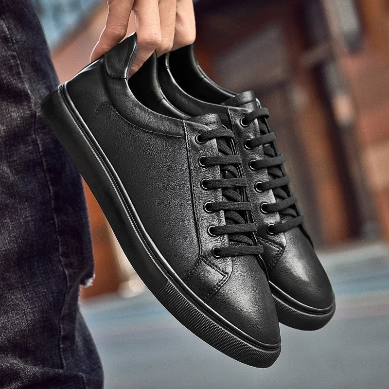 Men Fashion Brand Genuine Leather Shoes Breathable Lace-up Casual Sneakers Wear-resistant Streetwear White Shoes For Male