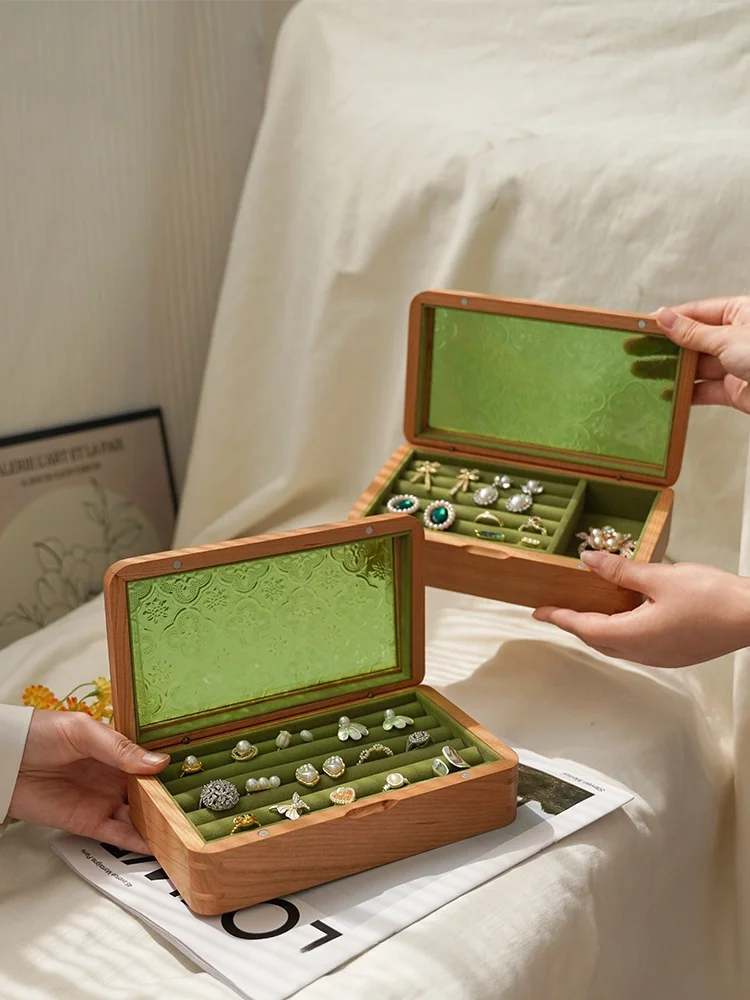 

Коробка для хранения украшений и косметики из вишневого дерева, прозрачная витрина-органайзер, винтажный настольный аксессуар ручной работы