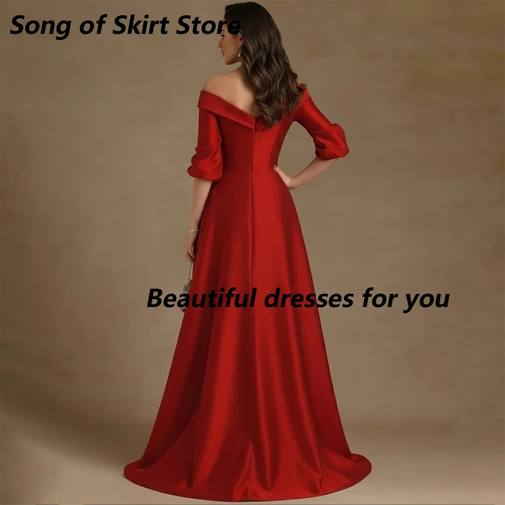 Elegant Red Mother of The Bride Dress Customized V-Neck Half-Sleeves Applique Satin Pleated Floor-Length A-Line Evening Gown