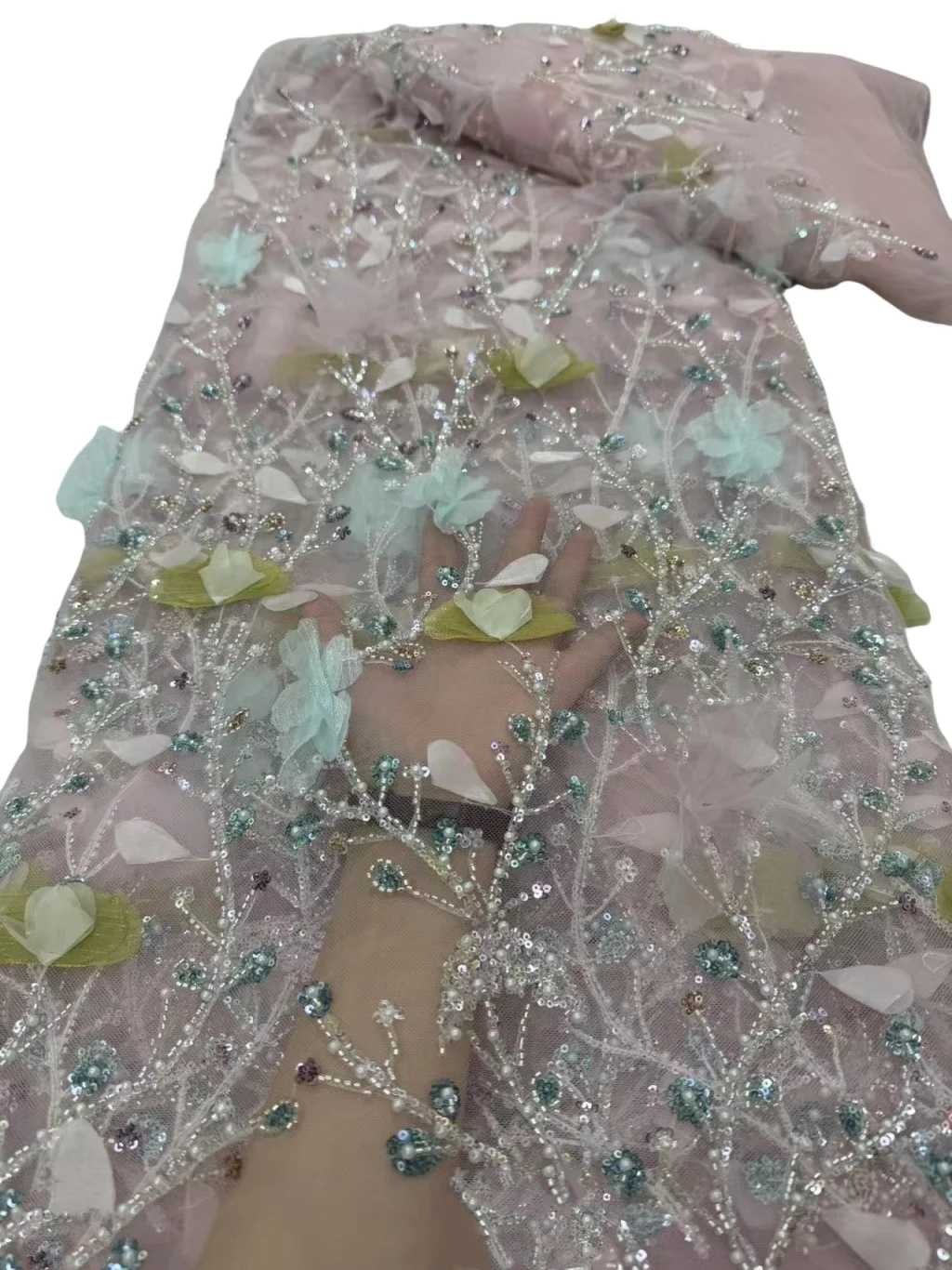 

Beautiful Colorful 3D Big Flower Sequins French Tulle Bridal Wedding Dress Lace High Quality African Luxury Lace Fabric 5 Yards