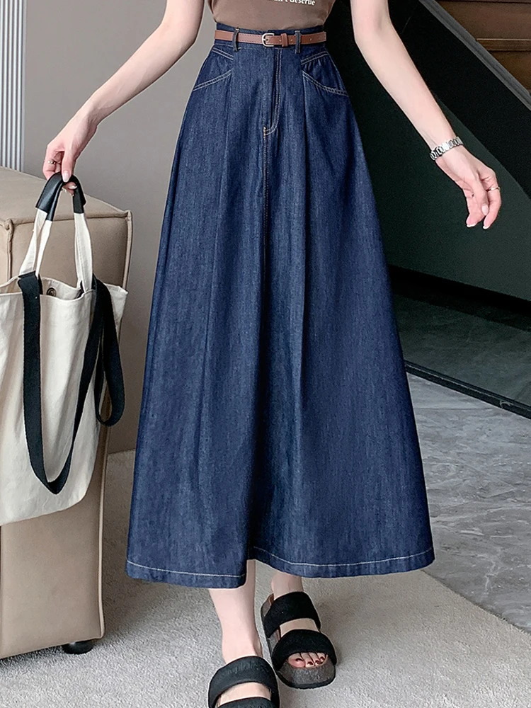 

Korean Denim Skirt Women's 2024 New Summer Versatile Slimming High waist A-line Large Swing Skirts With Belt Solid Color S-3XL