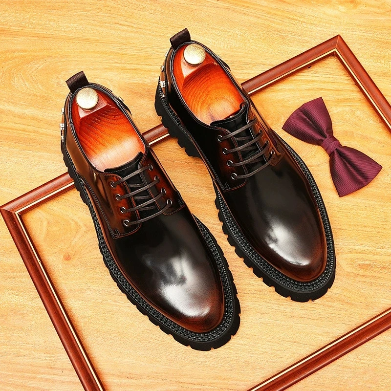 

Platform Dress Shoes Men's Genuine Leather Calfskin Round Toe Oxford Lace Up Charm Formal Dress Wedding Shoes Bride Handmade