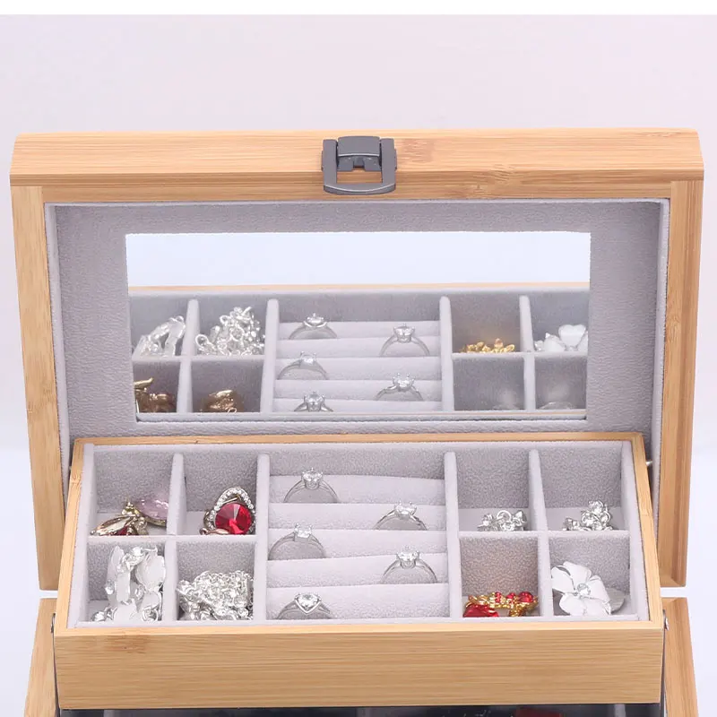 1pc 3-Layered Chinese styleBamboo CaseSquare Solid Wood & Bamboo Integrated Jewelry Storage Box With Mirror