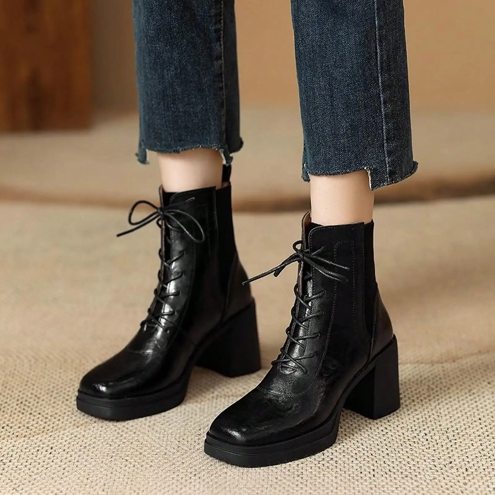 Botines Chelsea con cordones para mujer, botines de tacón grueso y punta cuadrada, botines cortos con plataforma y costuras elásticas en los laterales, botines de cuero sintético de estilo vintage para el otoño.