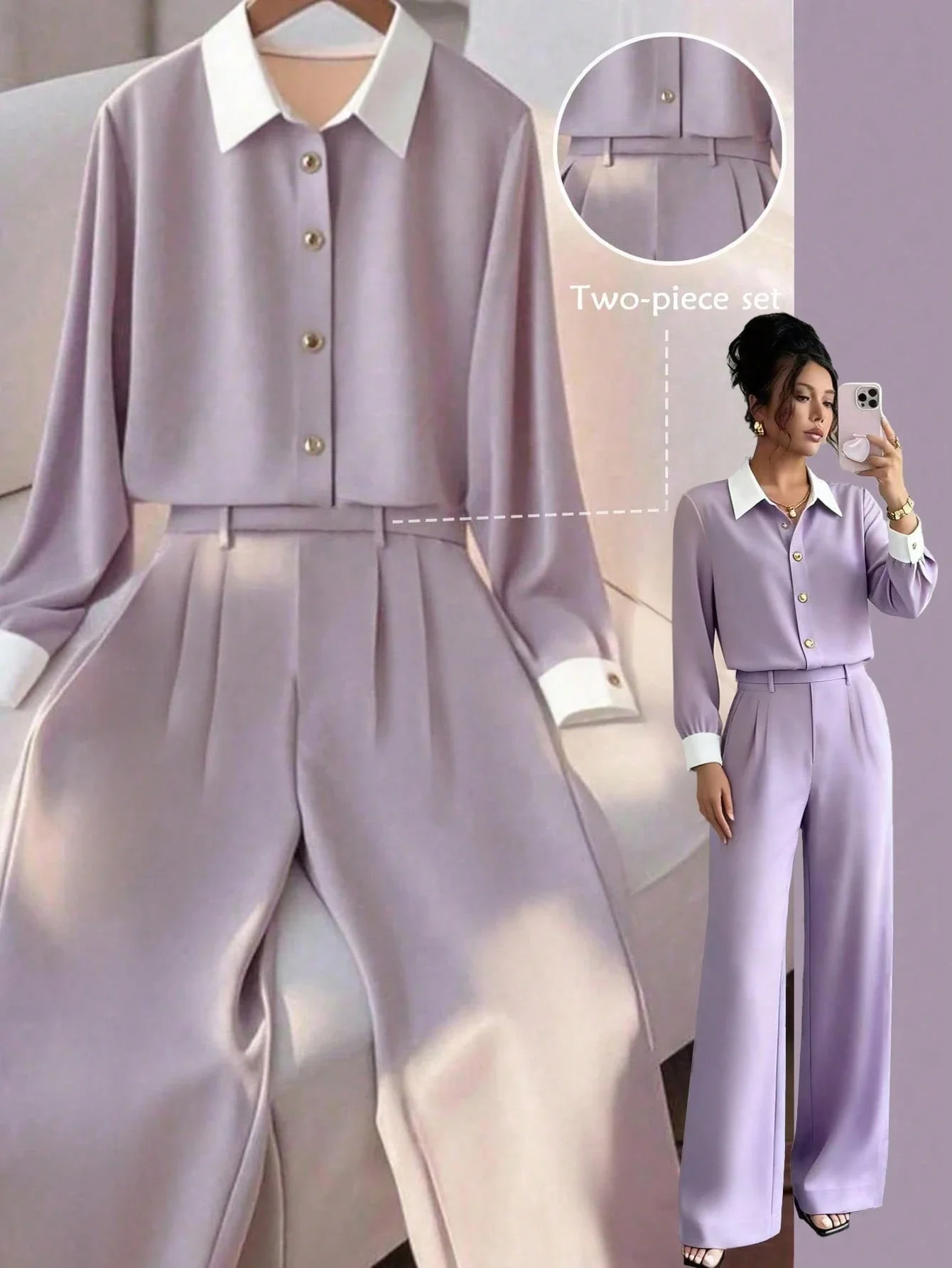 

Women's 2 Piece Set Turn-Down Collar Long Sleeve Button Front Top Pleated Pants Casual Loose Fit