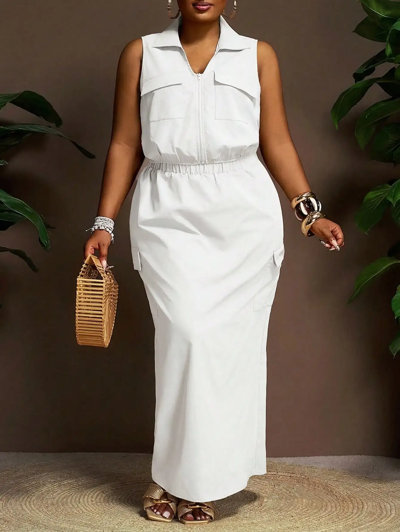 

Sleeveless Collar Utility Top And High-Waist Maxi Skirt Set, Solid Color Casual Resort Two-Piece Outfit For Women