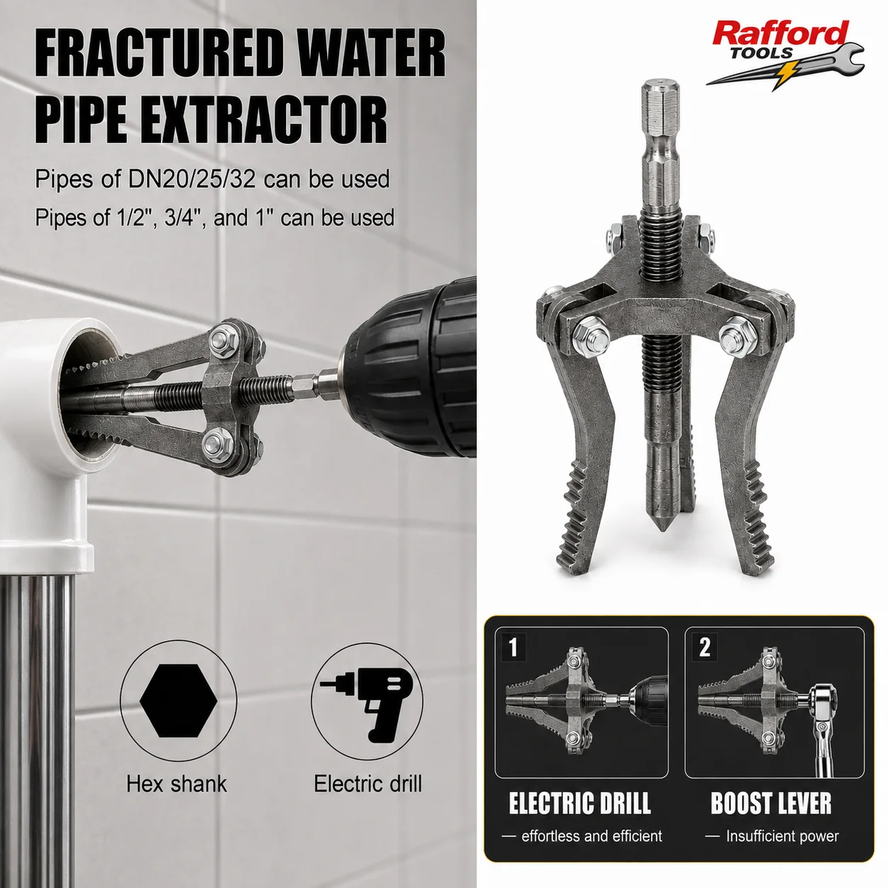Rafford 3Jaw Pipe Extractor Broken Thread Puller Hex Shank Power Drill Tool for PPR PVC Plastic MPP Pipes DN20/25/32 1/2 3/4 1In