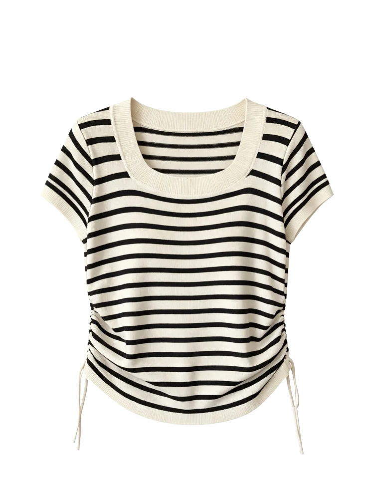 plus Size Women's T-Shirt Summer New Style Square Collar Short Sleeve Striped Slimming Anti-Aging Shoulder Appropriate Top