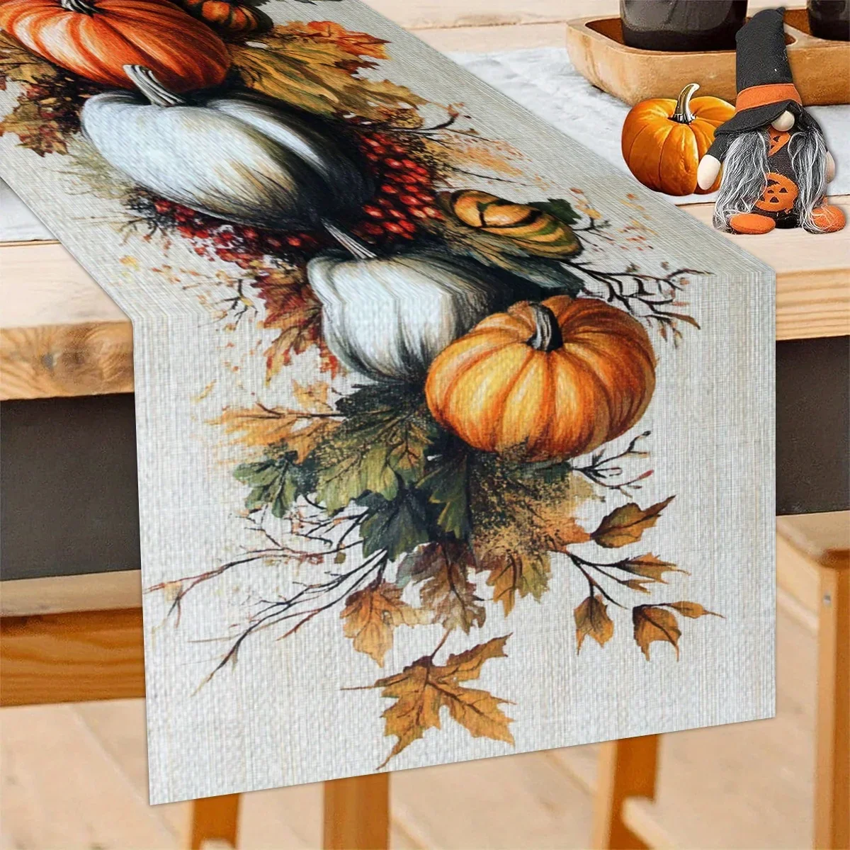 Autumn Pumpkin-Themed Table Runner with Light Background Painted with Full Pumpkins and Colorful Autumn Leaves Home Decorations