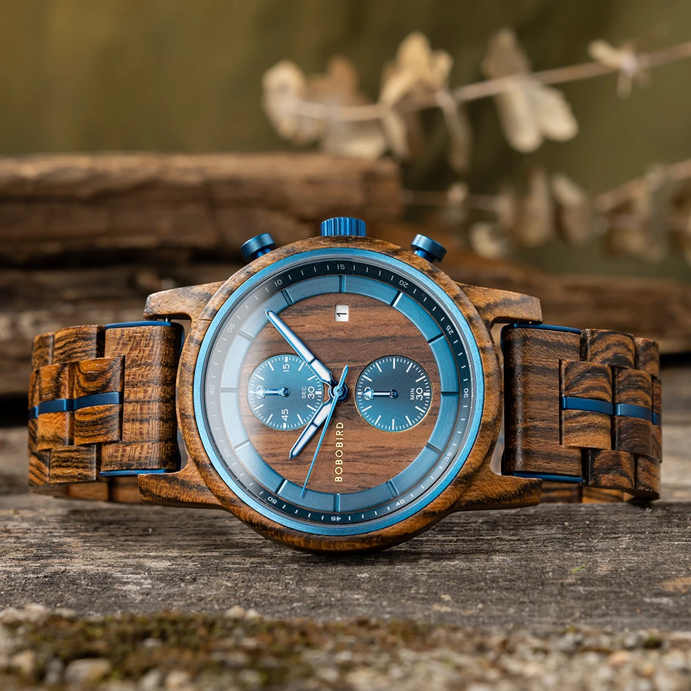 BOBO BIRD-reloj analógico de madera para hombre, accesorio de pulsera de cuarzo resistente al agua con cronógrafo grabado, complemento masculino de