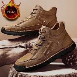 Winter Boots for Men 2023 Plush Hand Suture Leather High-top Hiking Shoes Outdoor Non-slip Warm Ankle Men Boots Big Size 48 Male