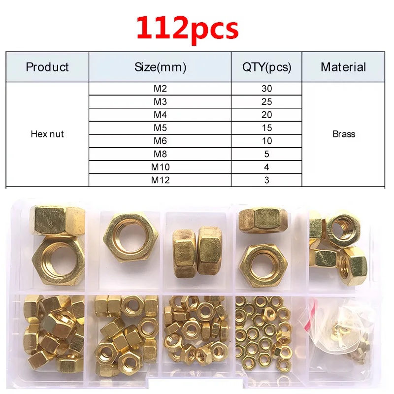 Hex Nut set 112/220Pcs 304 Stainless Steel Hexagon Nut Solid Brass Copper Hex Nut for M2 M2.5 M3 M4 M5 M6 M8 M10 M12 Screw Bolt