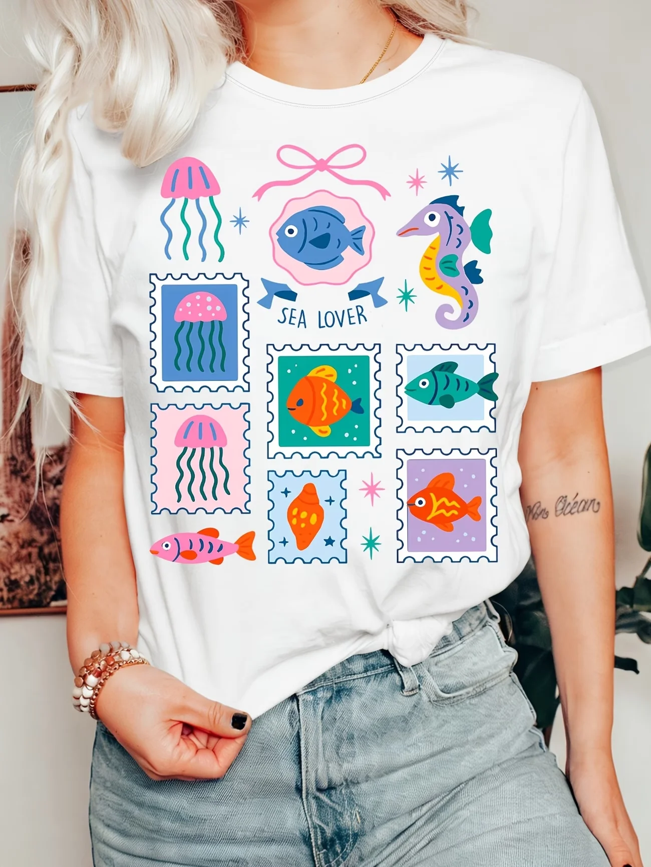 Sea Lover T Shirt Funny Ocean Animal Postage Stamp Jellyfish Seahorse Print Unisex Harajuku Loose Summer Short Sleeve Tops