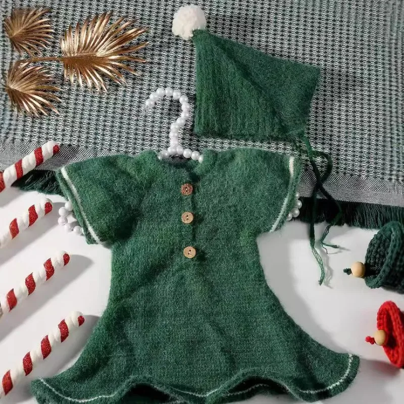 Roupas para fotografia de recém-nascidos, bebê de malha, natal, verde, vestido de pele de vison falso com bola de pele, conjunto de chapéu, roupa para fotografia de recém-nascidos
