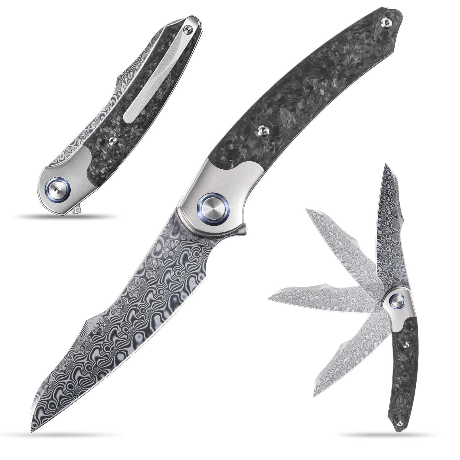 Sitivien ST241 Folding camping Knife Damascus Steel Blade Titanium Carbon Fiber Handle EDC Knifes for Working Collection Outdoor