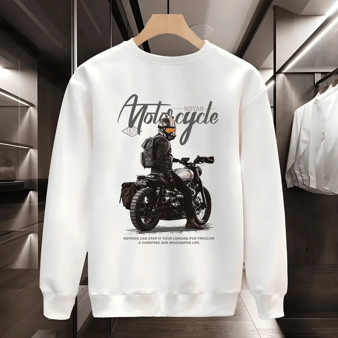 Autumn Men's Cotton Sweatshirt Motorcycle Print Long Sleeve T Shirts High Quality White Top O-neck Tee Shirt Men Clothing 2024