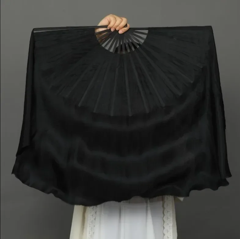 Full Black Real Silk Bamboo Fan Veil Pairs(1L+1R)  Women Belly Dance Half Moon Circle Fan Double Layers  Light Weight 41cm 86cm