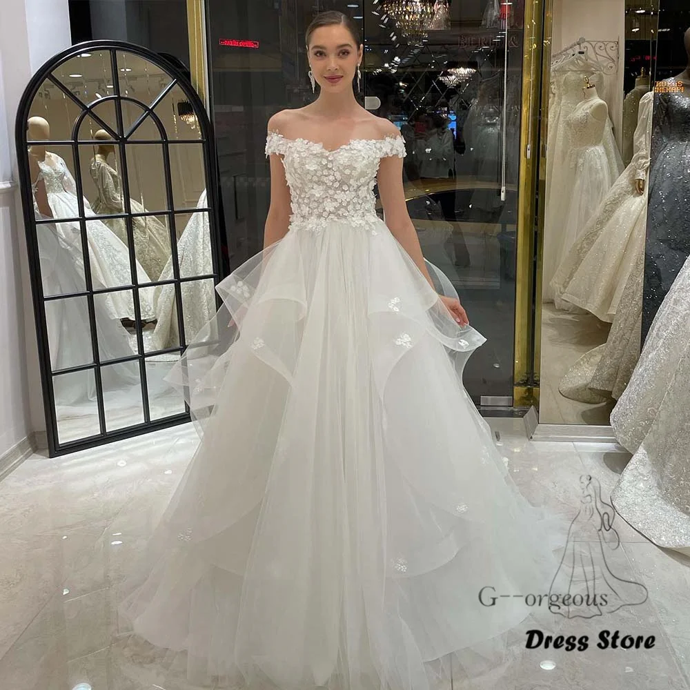 Princess Wedding Dresses 2022 Women Applique Off-The-Shoulder A-Line Long Bride Dress Sweep Train Puffy Elegant Party Gowns