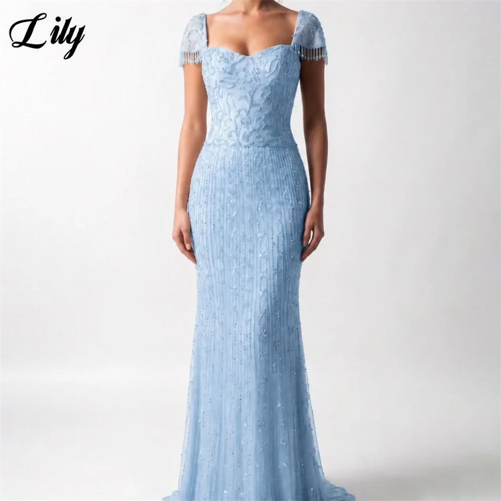 Lily Light Blue Sweetheart Mermaid Prom Dress Short Sleeve Tassel 프롬 드레 Beaded Mermaid Party Dress for Formal Event Customized